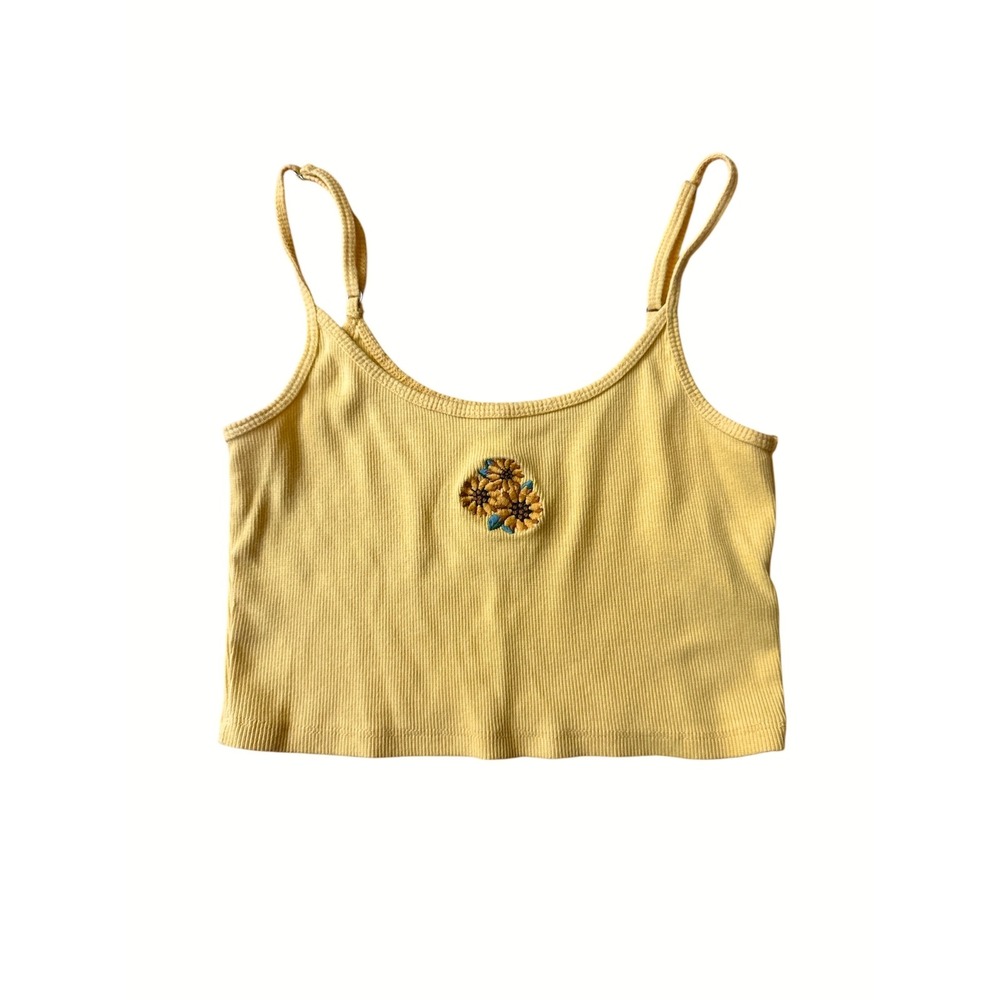Hollister Yellow Ribbed Knit Sunflower Embroidered Camisole Crop Top